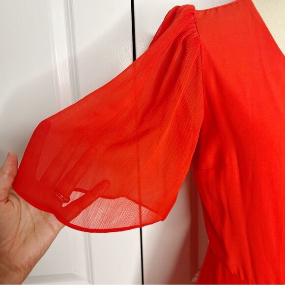 Alice + Olivia Suri True Wrap Midi Dress Red Size 2 Sheer Sleeves - Picture 8 of 14
